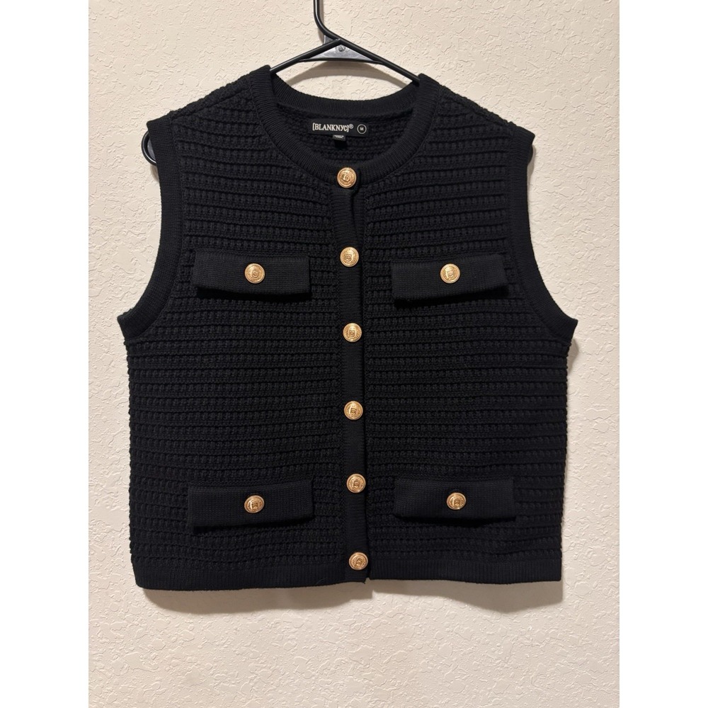 BLANKNYC Black Knit Vest Gold Button Military Cardigan Old Money Coquette Size M